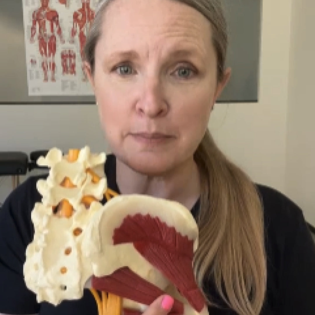 Woman holding a model of a spine and glute muscles with text 'GLUTE PAIN' above her head.