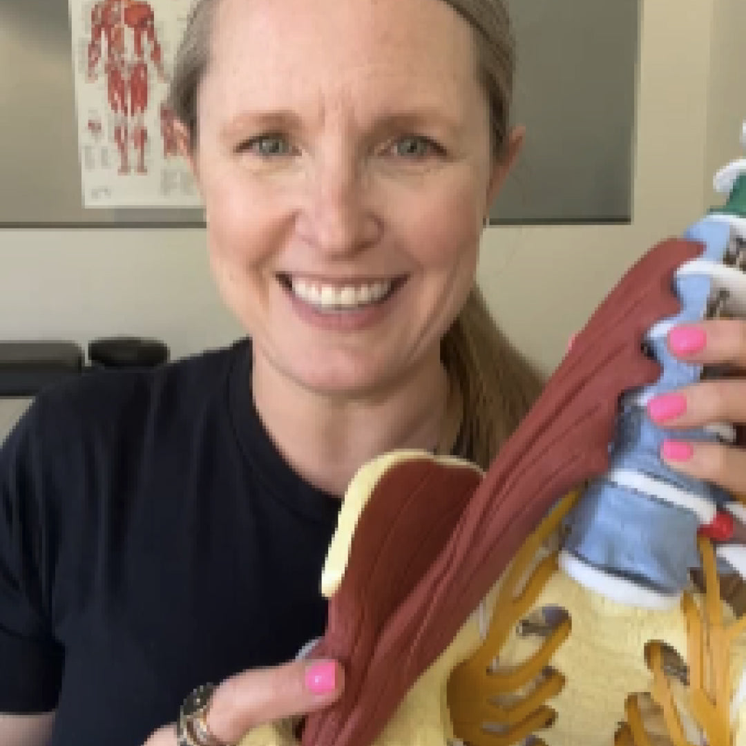 Woman holding a anatomical model of a hip with text 'HIP CREASE PAIN' above her head.