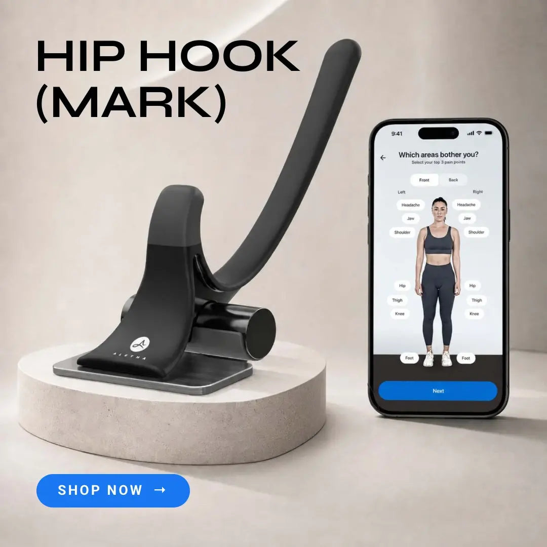 Hiphook next to a smartphone displaying a fitness app with a body measurement graphic.