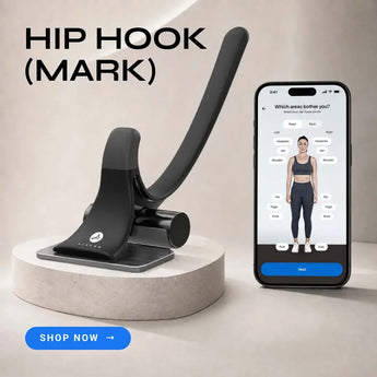 Hiphook next to a smartphone displaying a fitness app with a body measurement graphic.
