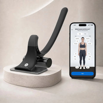 Hiphook next to a smartphone displaying a fitness app with a body measurement graphic.